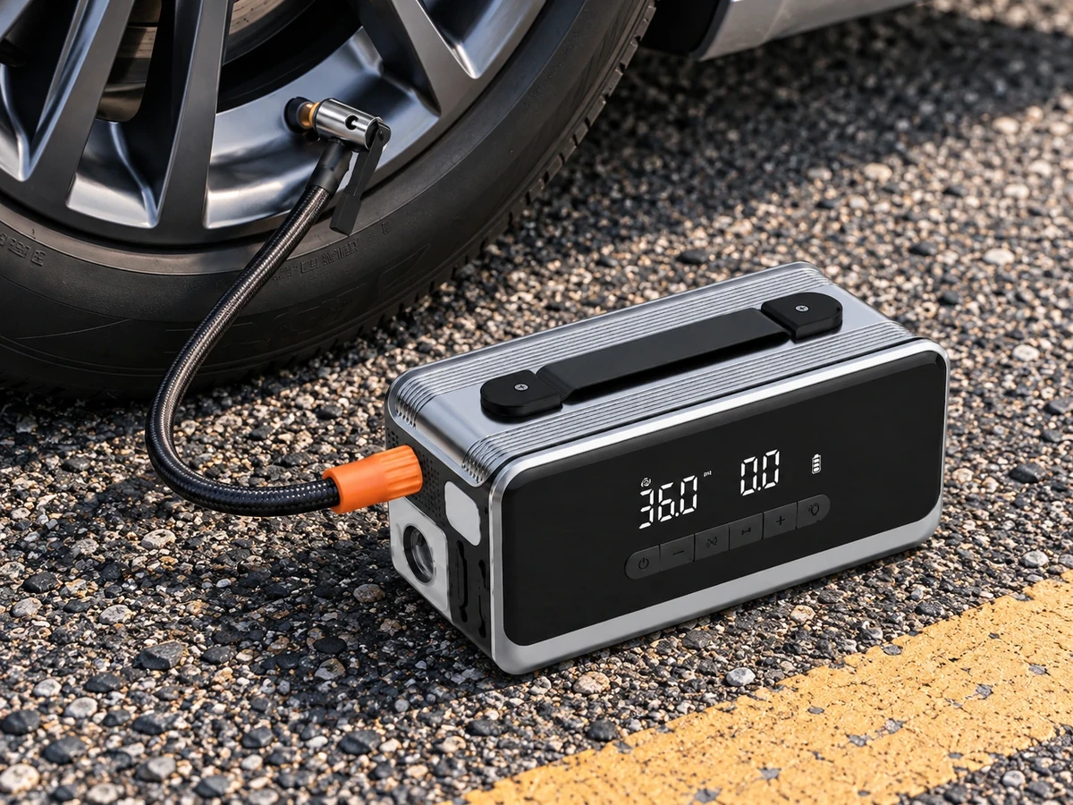 B2 connected to a car tyre with its inflation hose