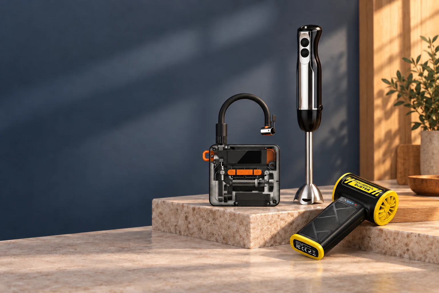 Q5, 6008 and FW300 arranged together on stone and oak surfaces in natural light